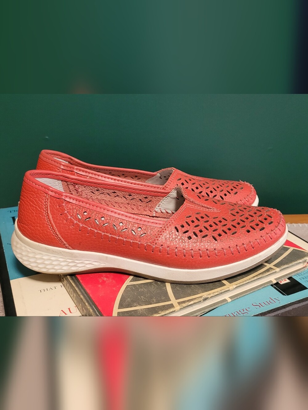 Leather Coral Red Perforated Slip-On Loafers